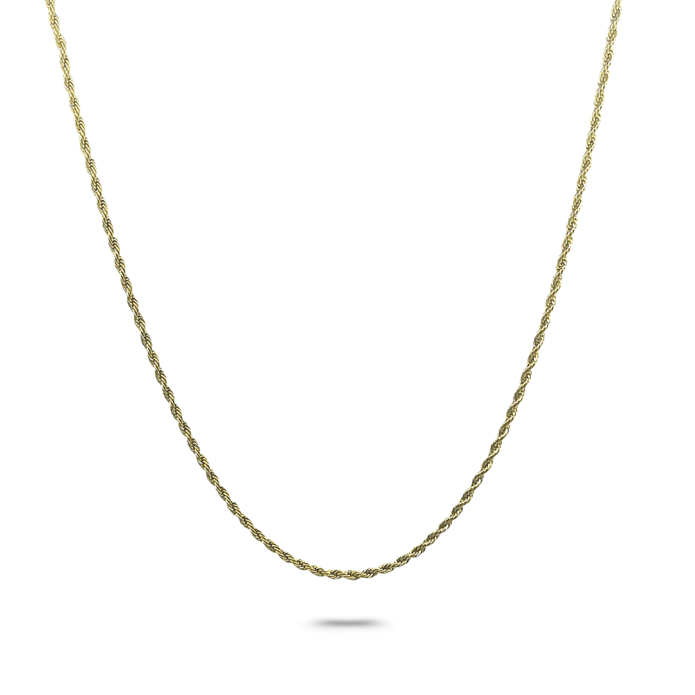 24K gold filled rope chain necklace, 2mm Miami Cuban link, sleek and elegant design for men, women, and teens.