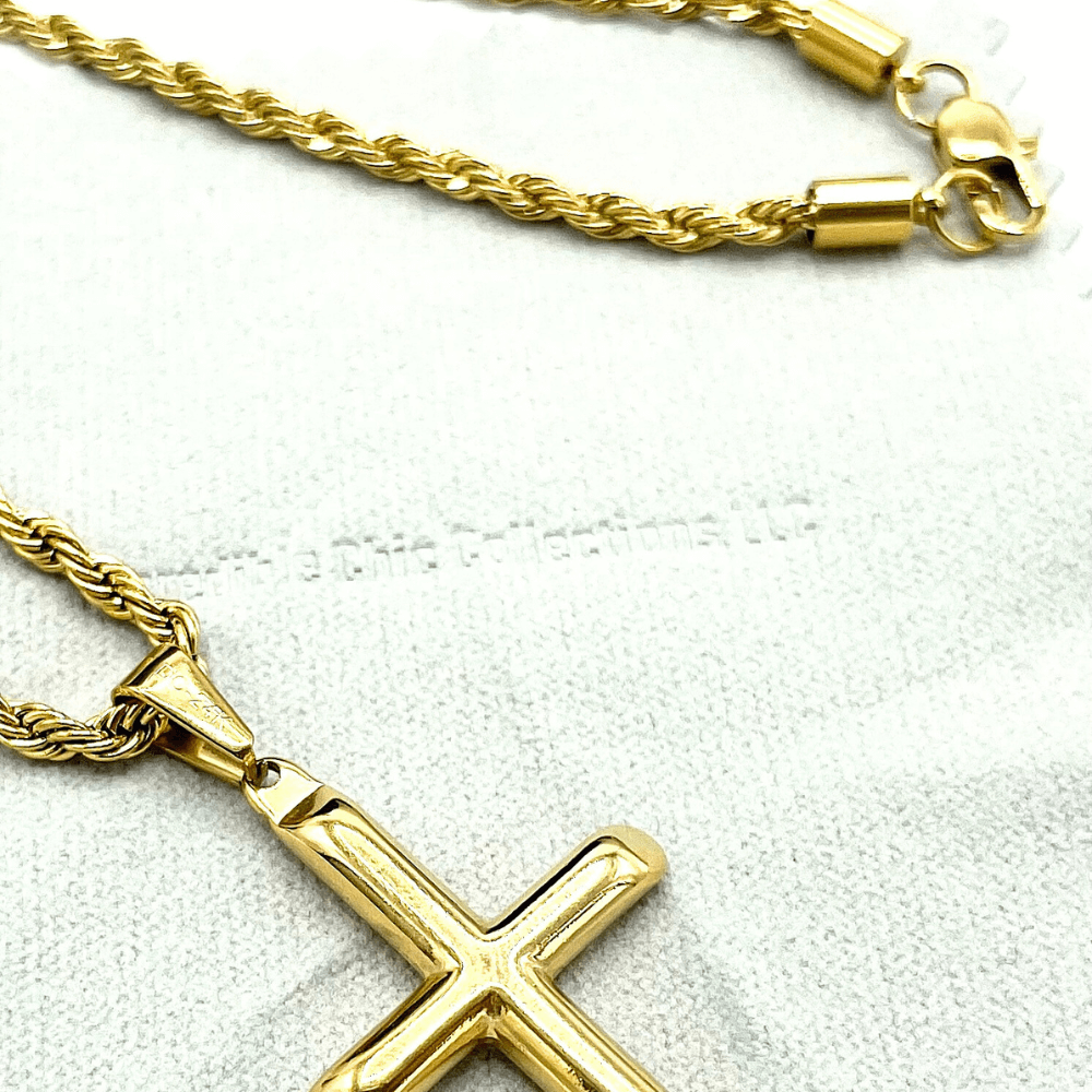 24K gold rope chain necklace with cross pendant and sturdy clasp, showcasing luxurious design and quality craftsmanship.