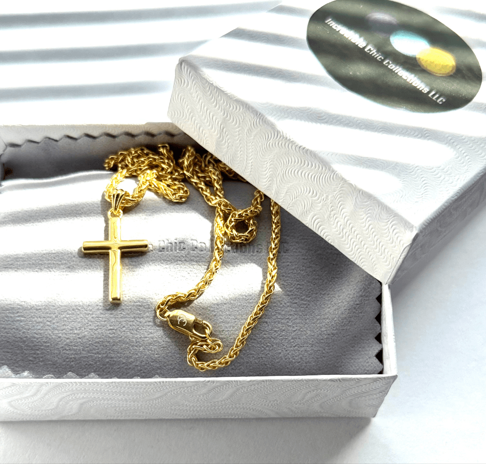 14K solid gold small cross pendant with 20-inch wheat chain in elegant gift box.