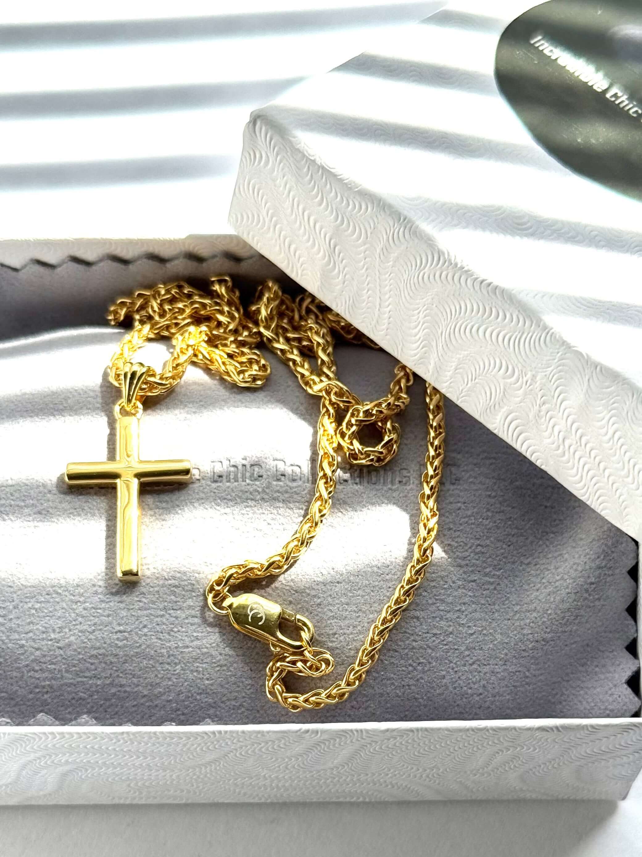 14K solid gold small cross pendant with 20-inch wheat chain in gift box, showcasing elegance and sophistication.