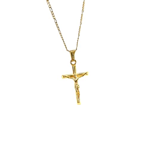 24k yellow gold filled crucifix necklace for men and women, featuring an intricate design on a Figaro chain.