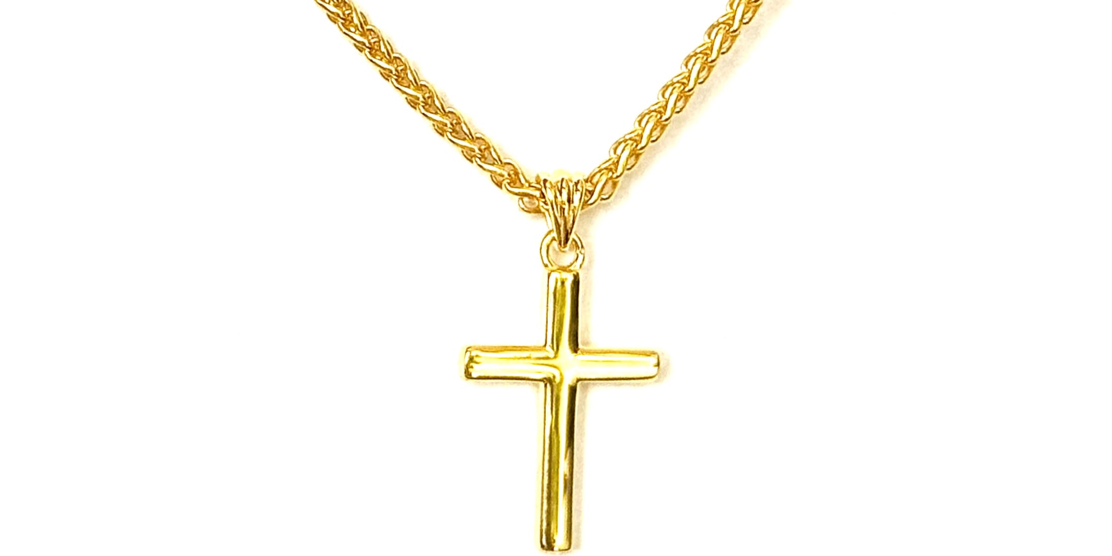 14K solid gold cross pendant on a wheat chain, ideal for men, women, and teens, showcasing timeless elegance.