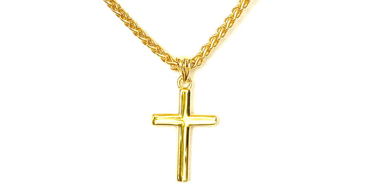 14K solid gold cross pendant on a wheat chain, ideal for men, women, and teens, showcasing timeless elegance.