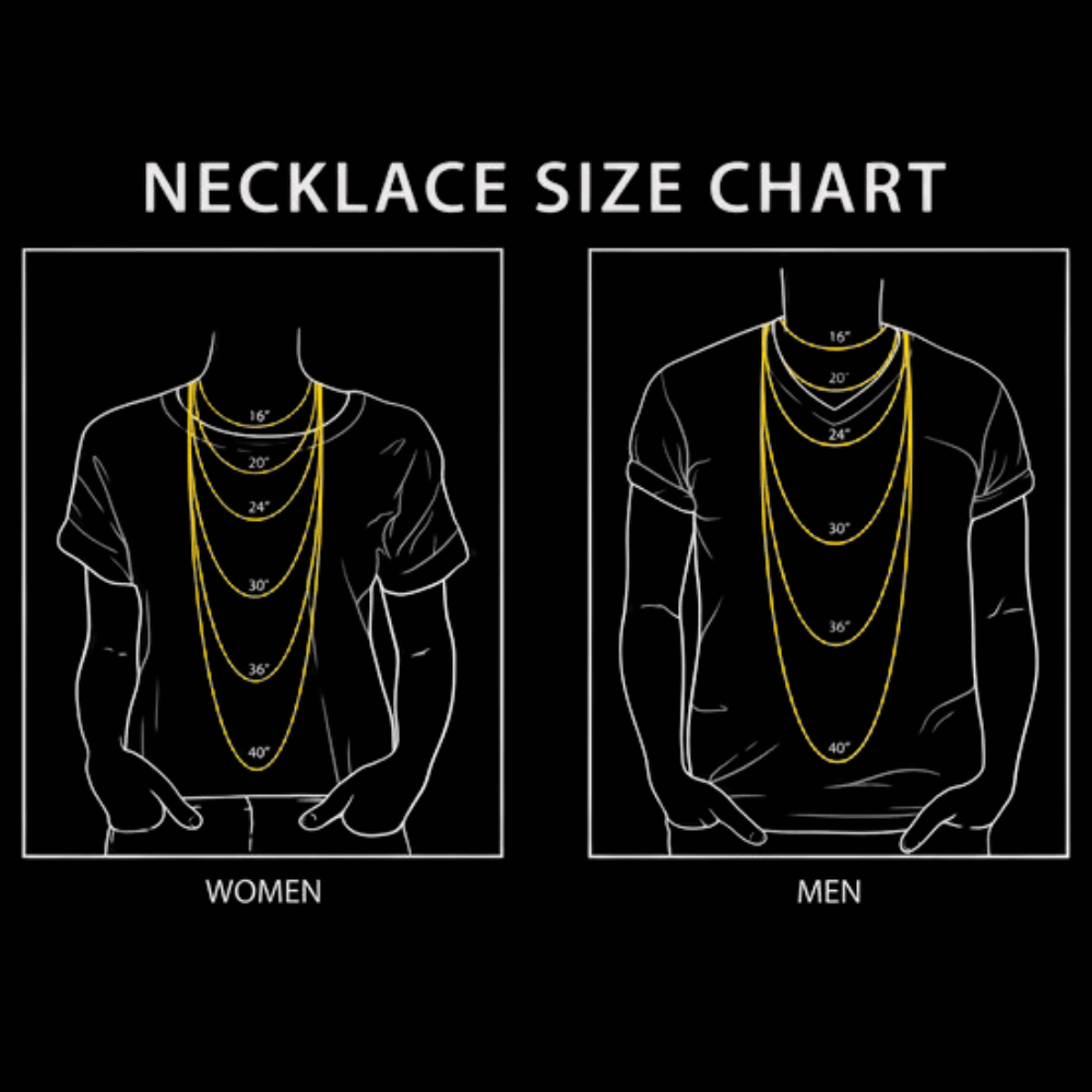 Necklace size chart for men and women showing lengths of 16", 20", 30", and 40" on illustrated figures.