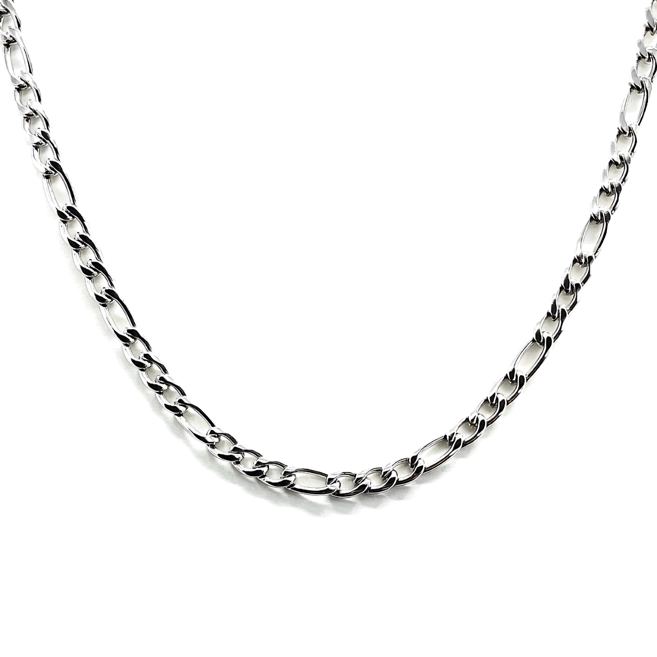 14K white gold filled Figaro chain necklace for men and women, durable and hypoallergenic design, shown in 18 inch length.