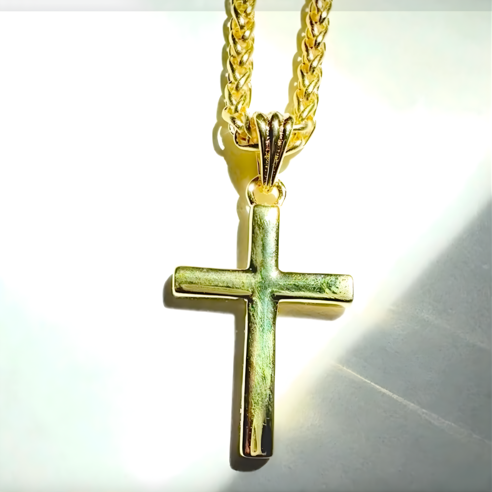 14K Solid Gold Small Cross Necklace with 2mm Wheat Chain, 20 Inch - Unisex