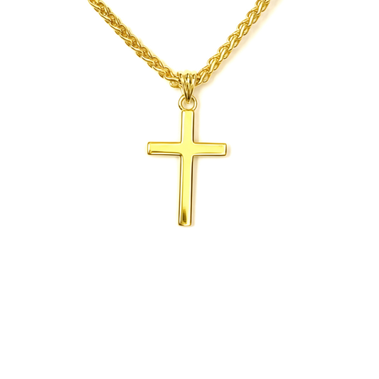 14K Solid Gold Small Cross Necklace with 2mm Wheat Chain, 20 Inch - Unisex