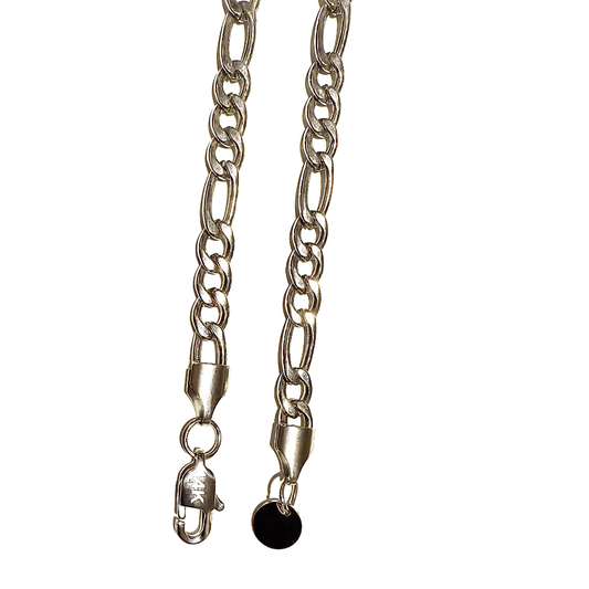 14K white gold filled Figaro chain necklace with durable clasp, available in lengths of 18, 20, or 22 inches.