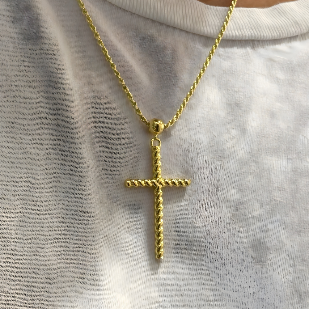 14K Solid Gold Twisted Rope Cross with 1.3mm Rope Chain - 20"