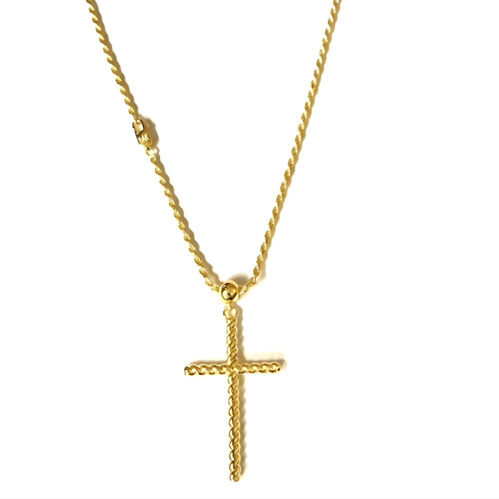 14K Solid Gold Rope Cross Necklace with 1.3mm Rope Chain - 20"
