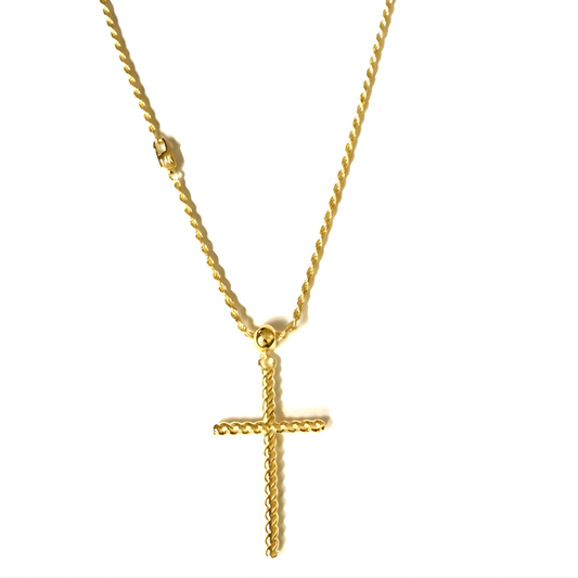 14K Solid Gold Rope Cross Necklace with 1.3mm Rope Chain - 20"
