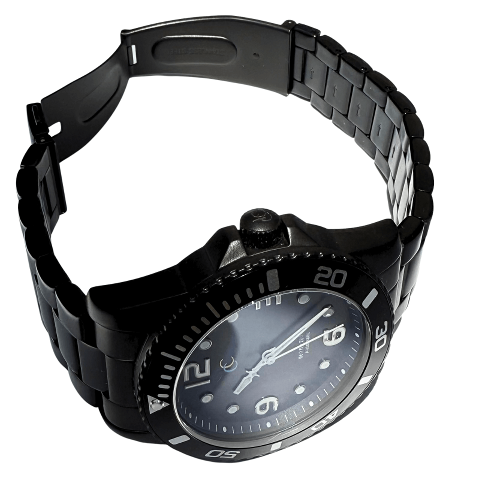 Black wristwatch with a metallic band on a white background