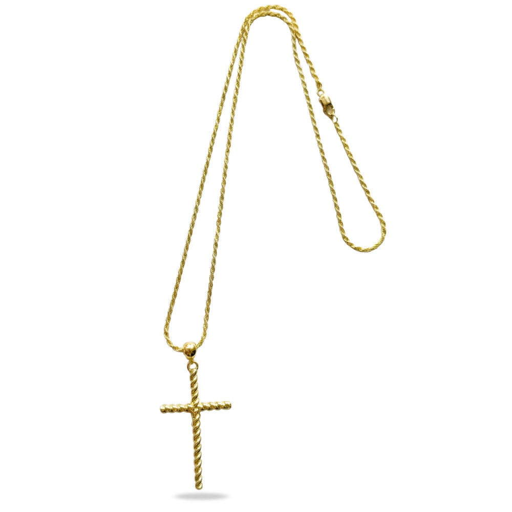 14K Solid Gold Twisted Rope Cross with Rope Chain