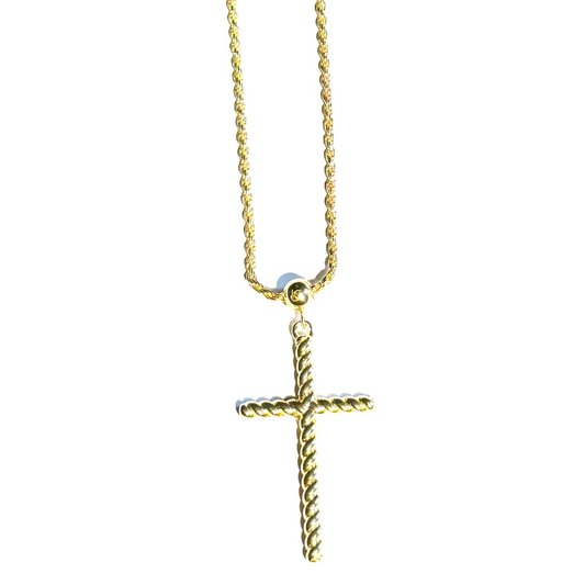 14K Solid Gold Rope Cross Necklace with 1.3mm Rope Chain - 20"