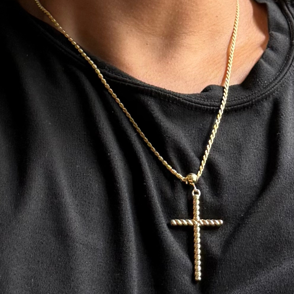 14K Solid Gold Rope Cross Necklace with 1.3mm Rope Chain - 20"