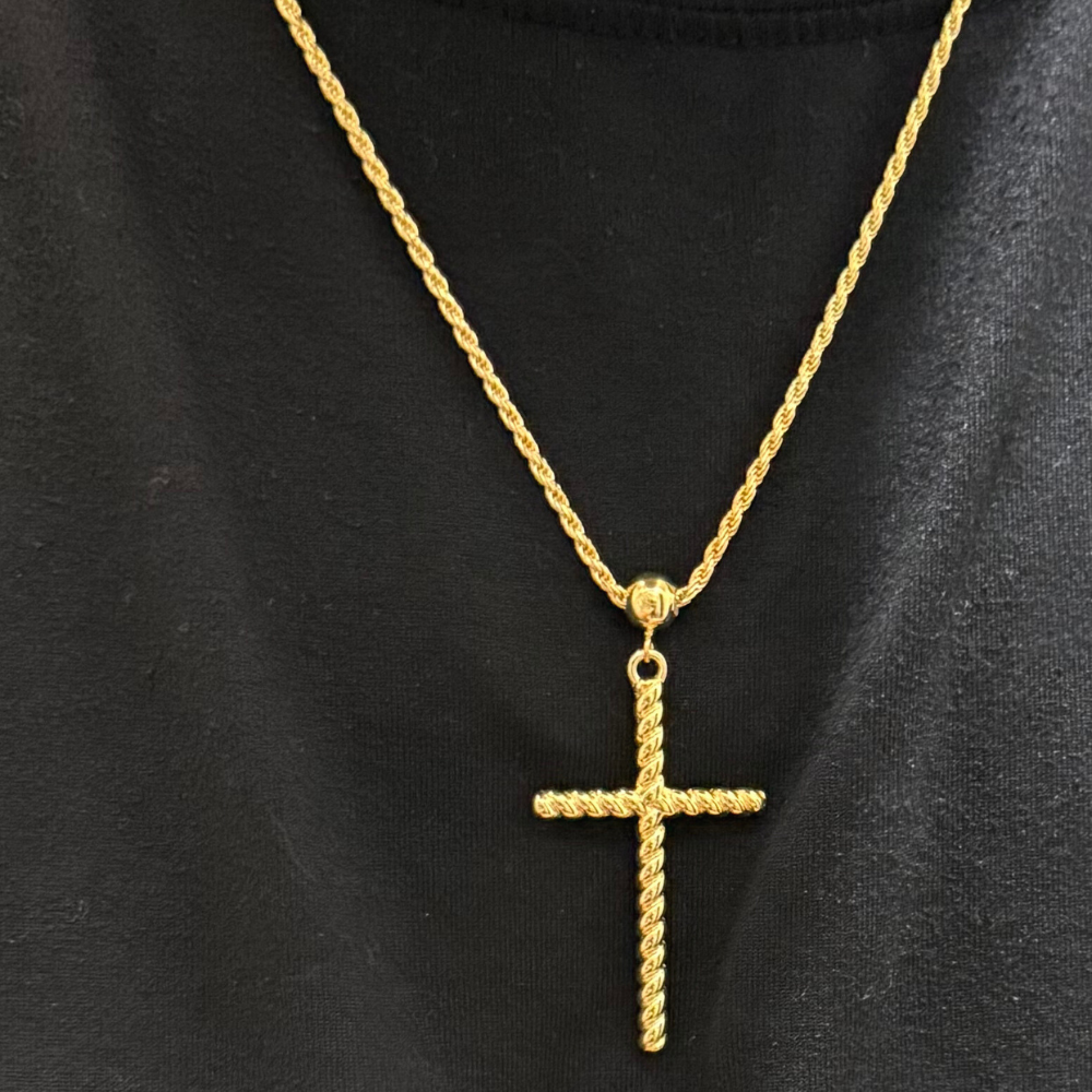 14K Solid Gold Rope Cross Necklace with 1.3mm Rope Chain - 20"