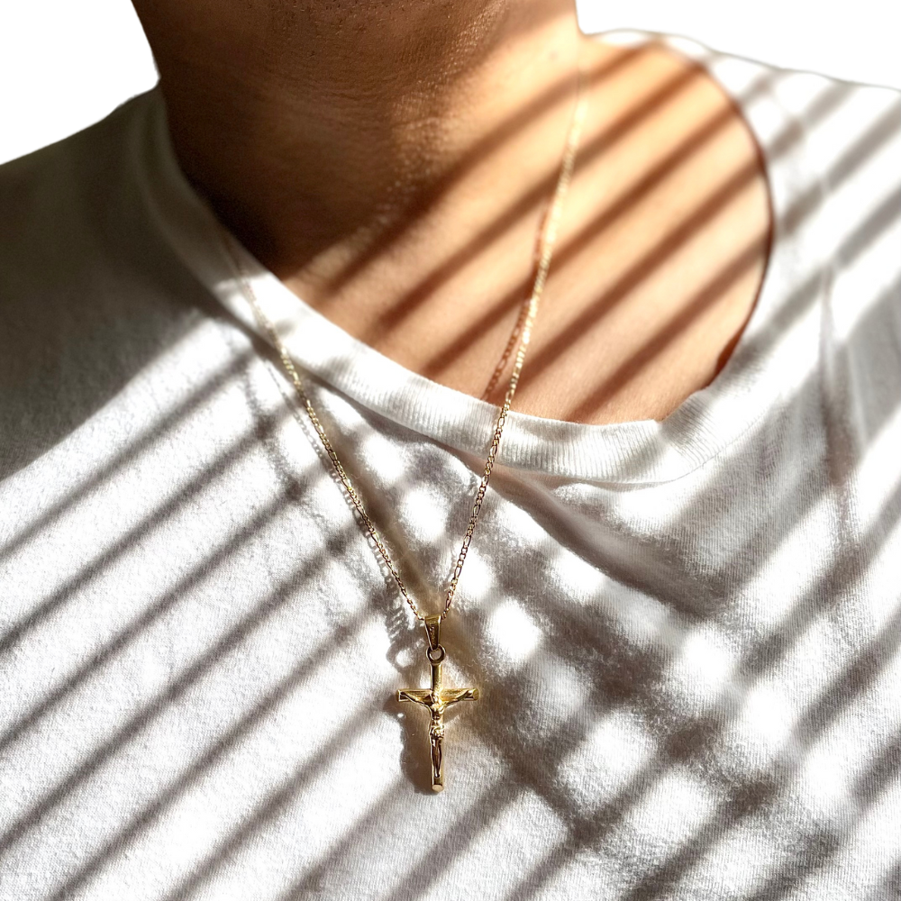 24k Crucifix Necklace for Men Women Cross Necklaces Yellow Gold Filled Figaro 22"