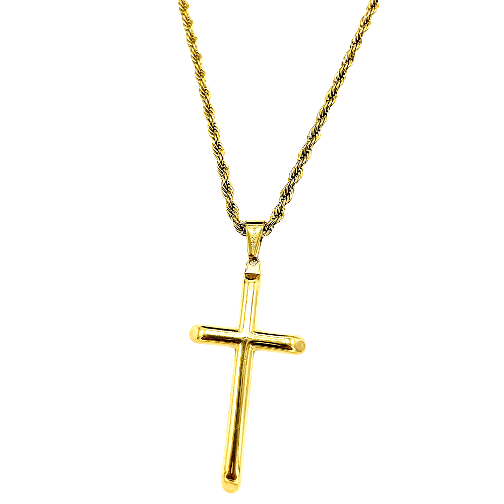 24K Gold Rope Chain Cross Pendant