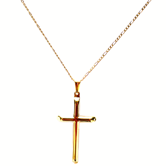 Figaro Link Chain in 24K Yellow Gold with Cross Pendant – 2mm