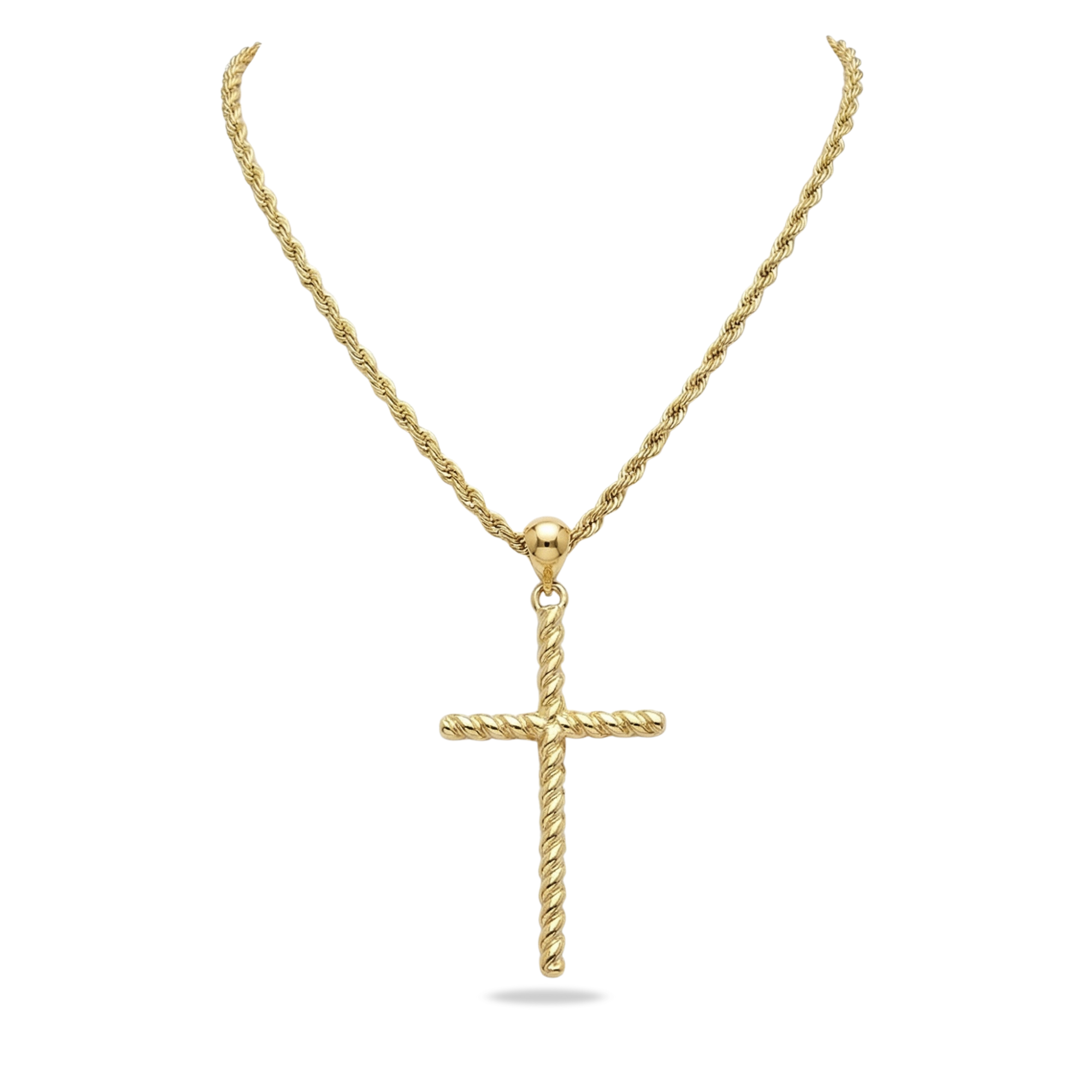 14K Solid Gold Twisted Rope Cross with Rope Chain