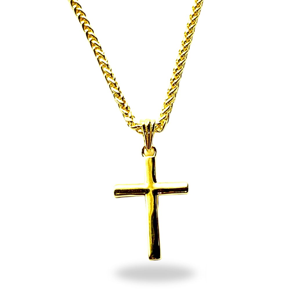 14K Solid Gold Small Cross Pendant with Wheat Chain