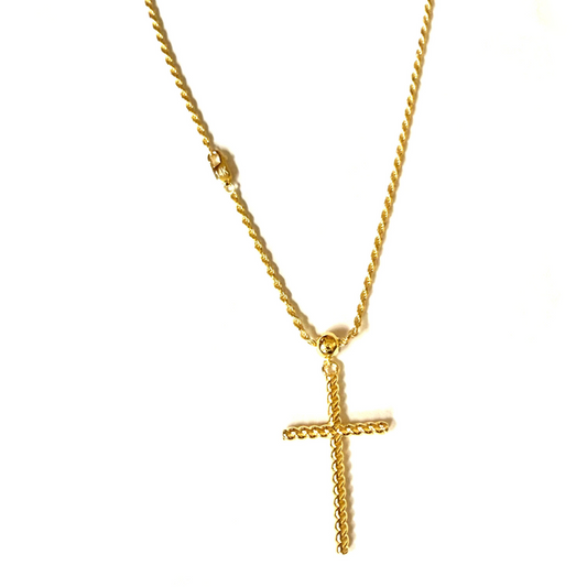 14K Solid Gold Rope Cross Necklace with 1.3mm Rope Chain - 20"