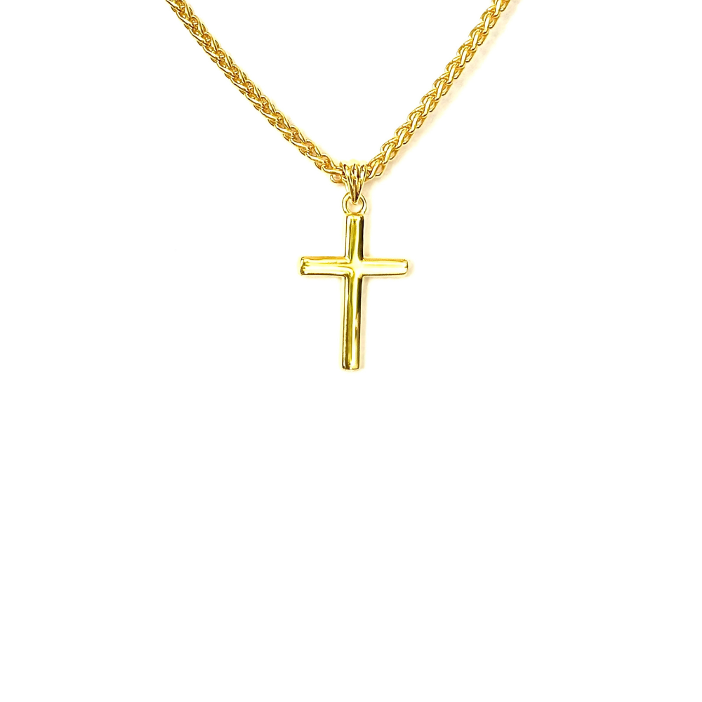 14K Solid Gold Small Cross Necklace with 2mm Wheat Chain, 20 Inch - Unisex