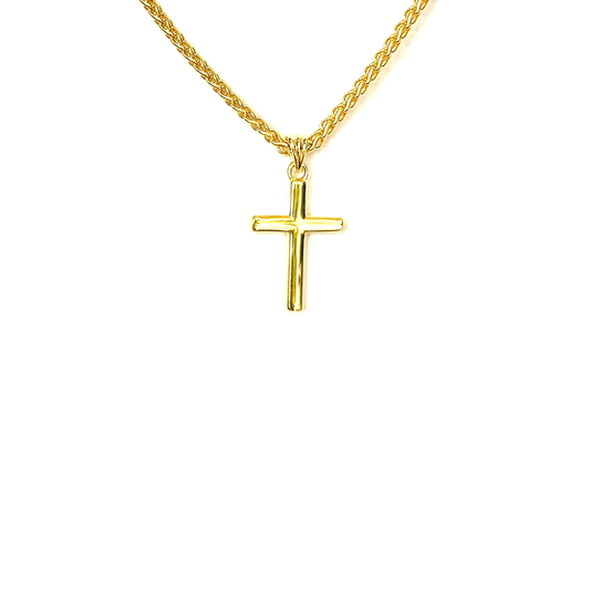 14K Solid Gold Small Cross Necklace with 2mm Wheat Chain, 20 Inch - Unisex