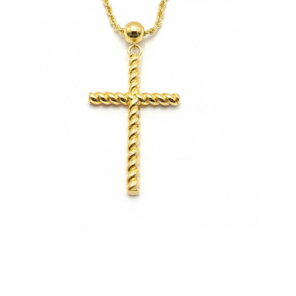14K Solid Gold Twisted Rope Cross with 1.3mm Rope Chain - 20"