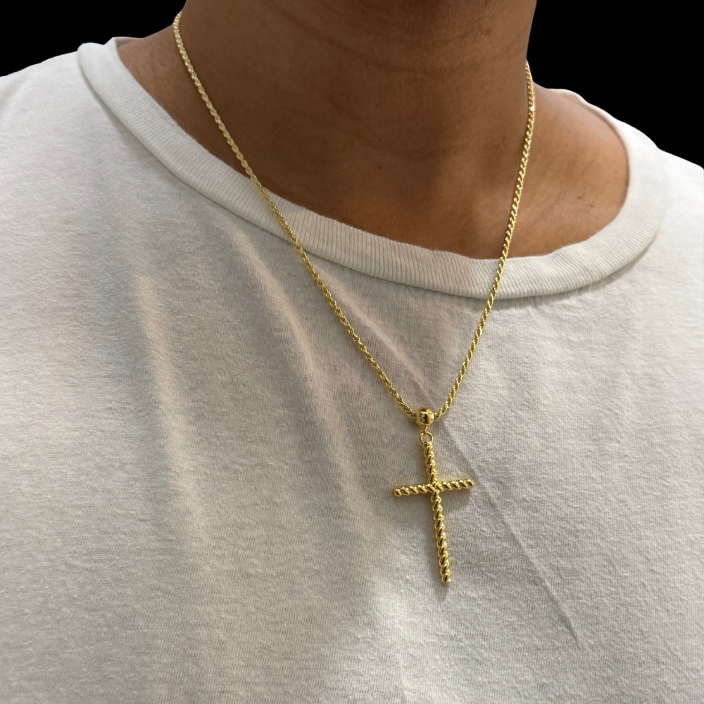 14K Solid Gold Rope Cross Necklace with 1.3mm Rope Chain - 20"