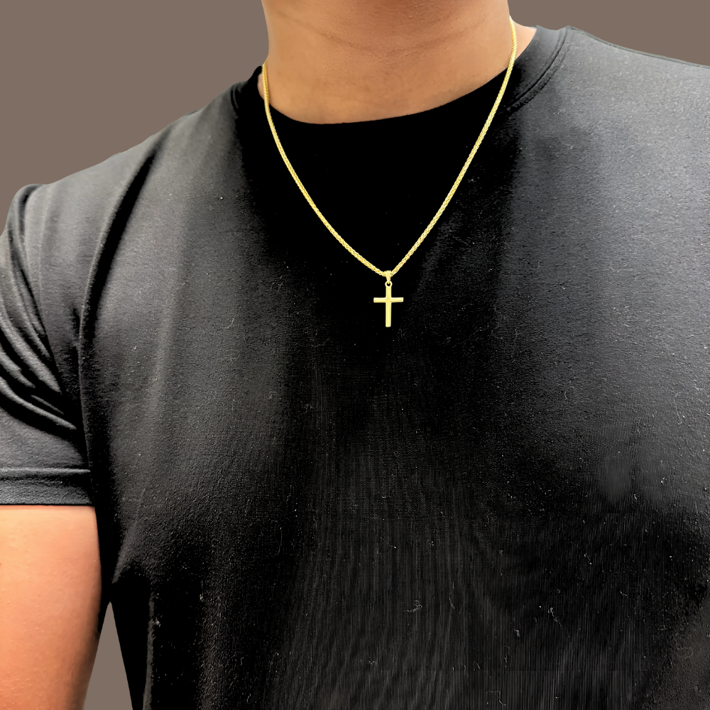 14K Solid Gold Small Cross Necklace with 2mm Wheat Chain, 20 Inch - Unisex