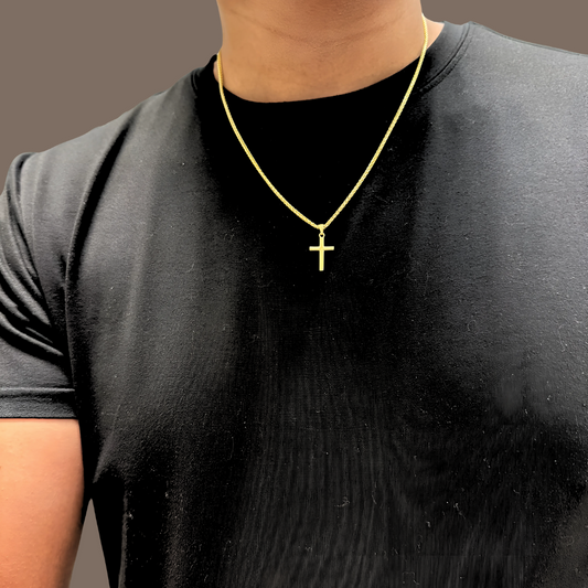 14K Solid Gold Small Cross Necklace with 2mm Wheat Chain, 20 Inch - Unisex