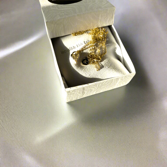 14K gold hollow heart pendant necklace displayed in an elegant box from Incredible Chic Collections.