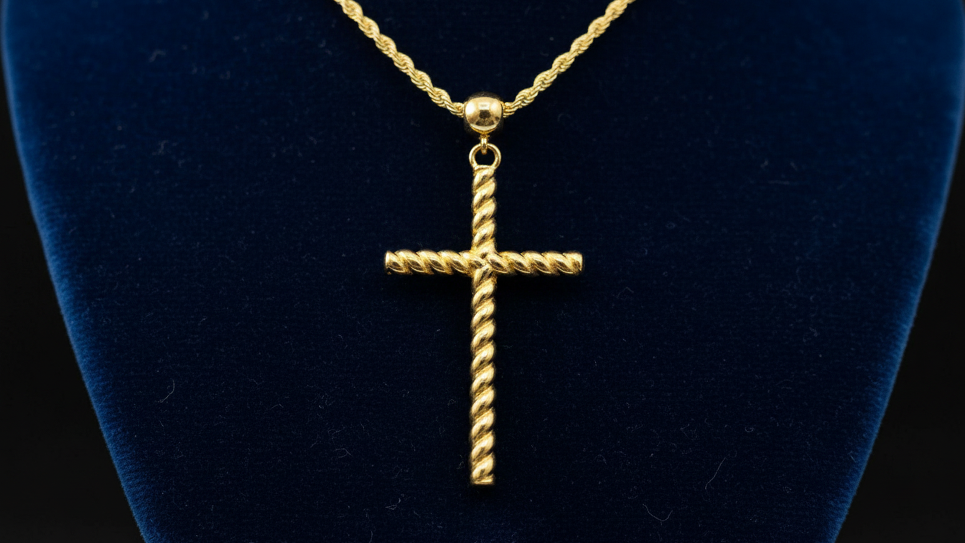 14K Solid Gold Twisted Rope Cross with 1.3mm Rope Chain - 20"