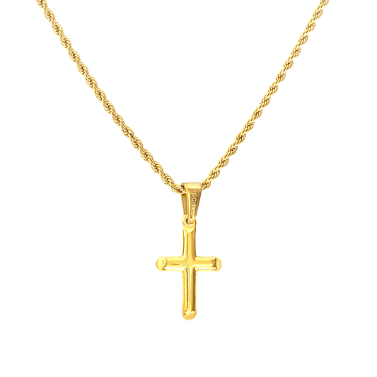 Diamond cut gold-filled rope chain necklace with small cross pendant, 24K gold, 2mm thick.