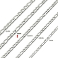 Load image into Gallery viewer, Comparison of 14k white gold Figaro chain links in various sizes, including 3mm, 3.5mm, 4.5mm, 5mm, and 6mm.
