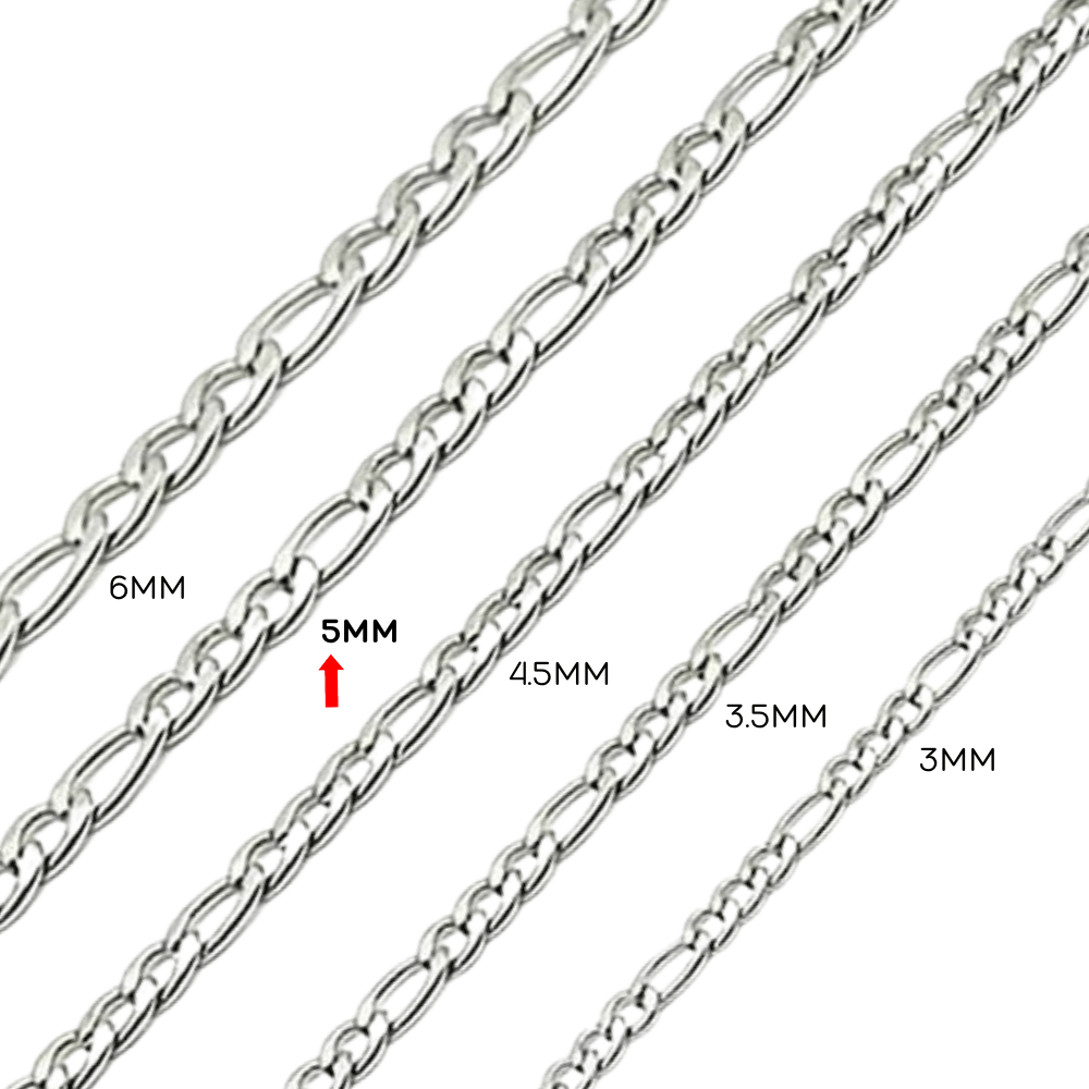 Comparison of 14k white gold Figaro chain links in various sizes, including 3mm, 3.5mm, 4.5mm, 5mm, and 6mm.