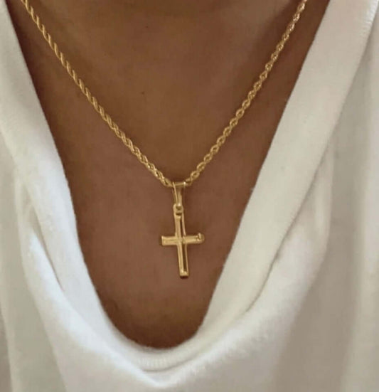 Incredible Chic 24K Gold-Plate 2mm Diamond-Cut Miami Cuban Rope Chain Necklace with Small Cross Pendant – 18" & 20