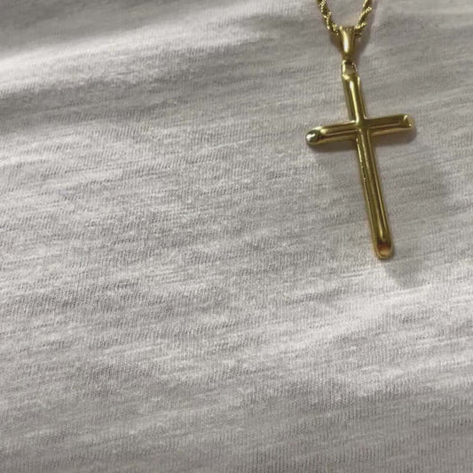 24K gold-filled cross pendant on a delicate rope chain, stylish accessory for men, women, and teens.