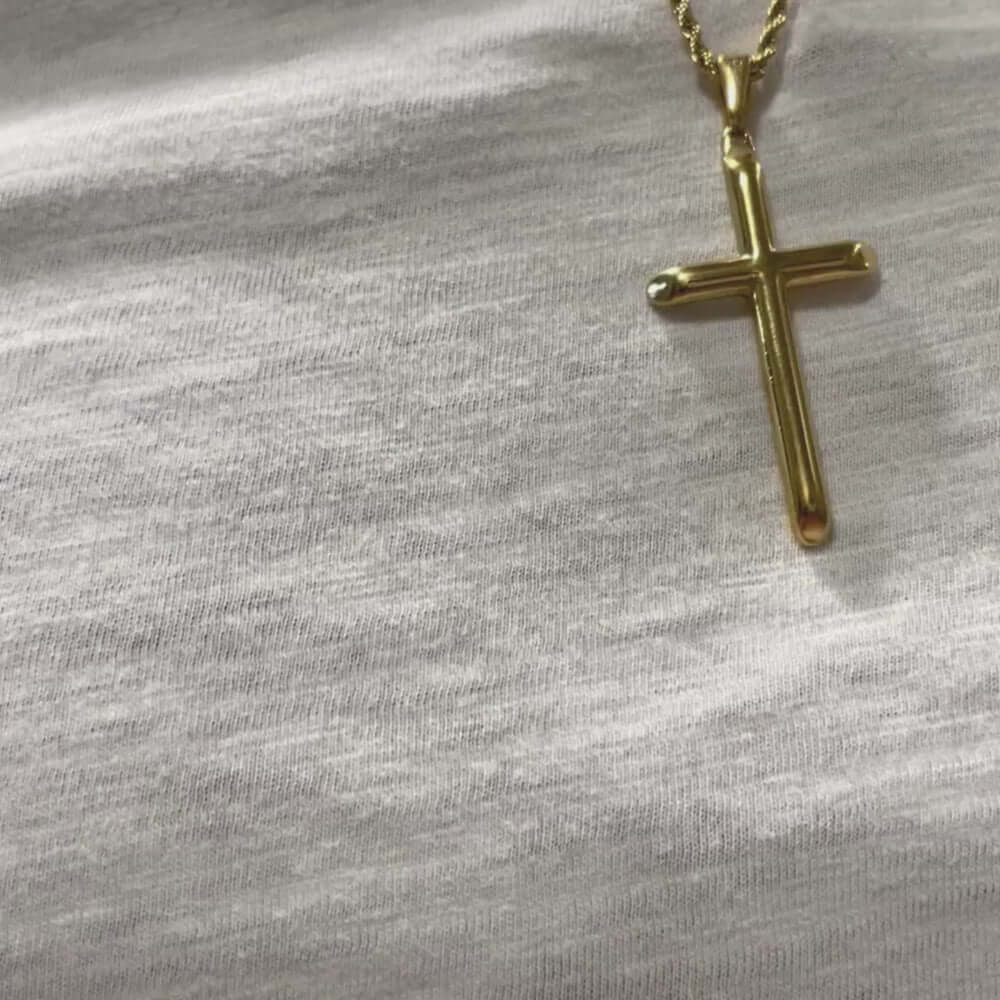 24K gold-filled cross pendant on a delicate rope chain, stylish accessory for men, women, and teens.