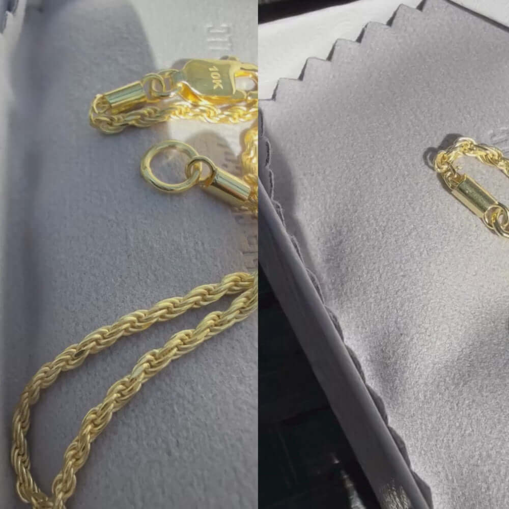 10K solid yellow gold diamond-cut rope chain necklace with lobster clasp in jewelry display.