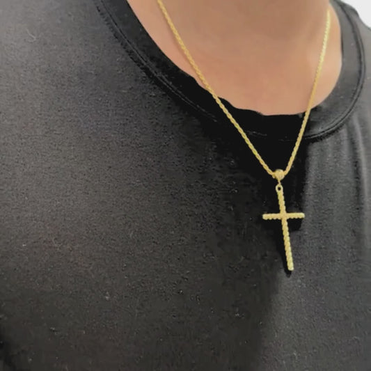 14K Solid Gold Rope Cross Necklace with 1.3mm Rope Chain - 20"